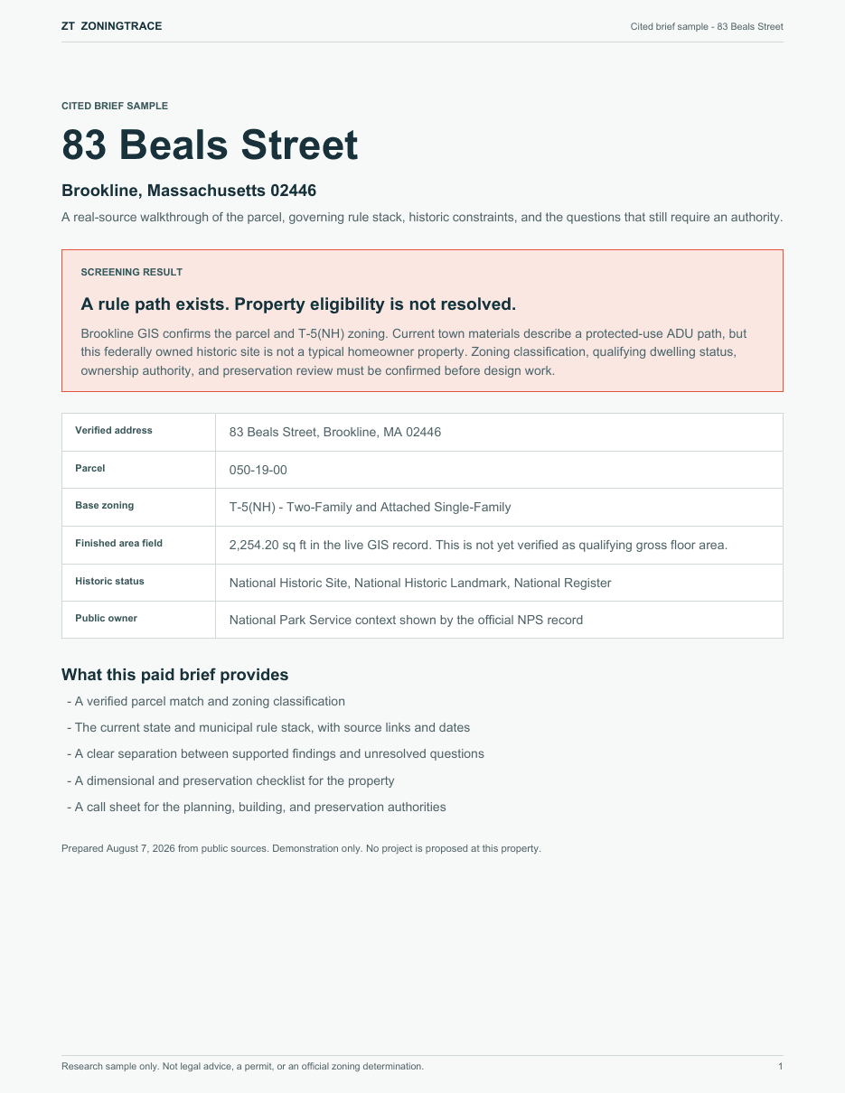 Cover of the five-page ZoningTrace cited brief for 83 Beals Street