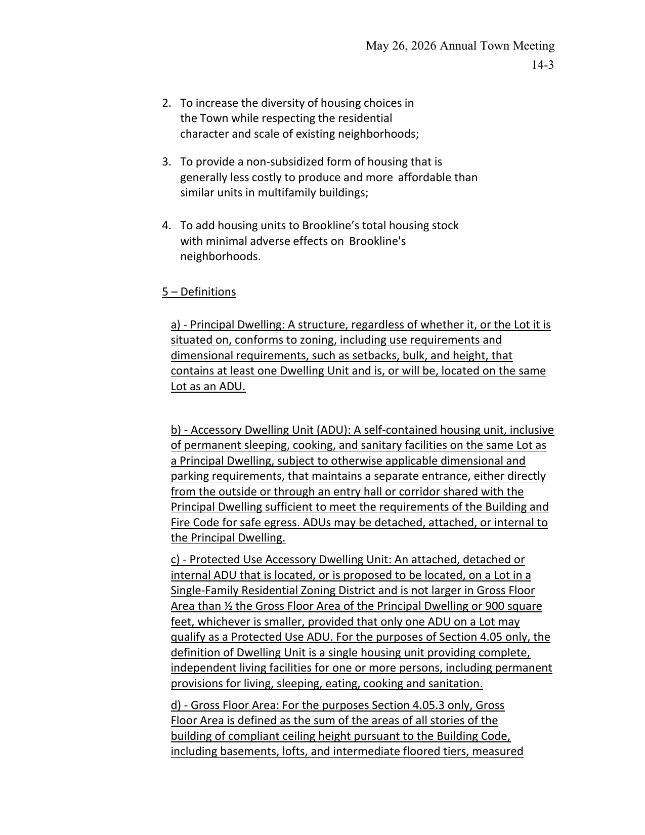 Page 14-3 of Brookline's May 26, 2026 Article 14 defining a protected-use accessory dwelling unit