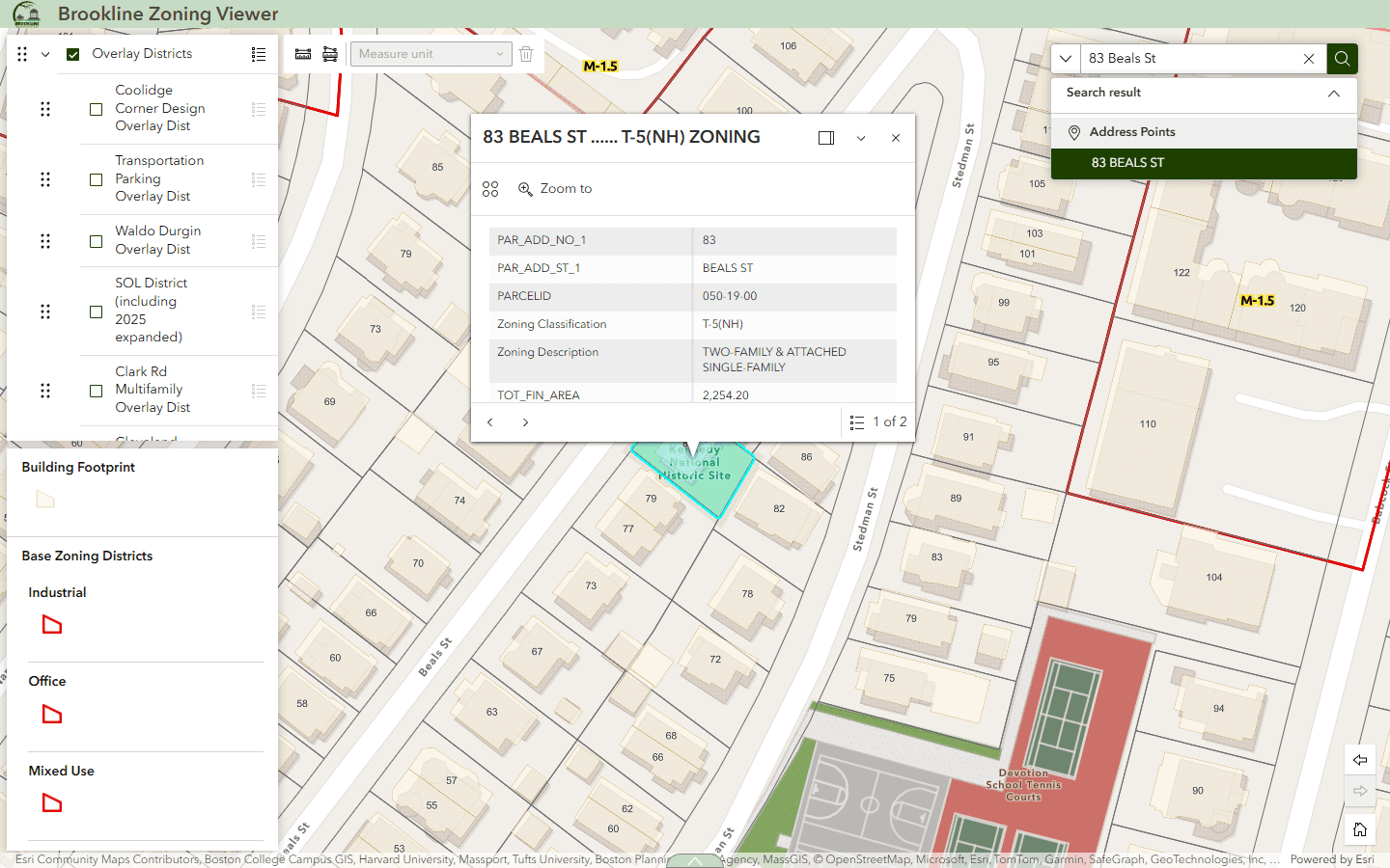 Brookline Zoning Viewer showing parcel 050-19-00 at 83 Beals Street in T-5(NH) zoning