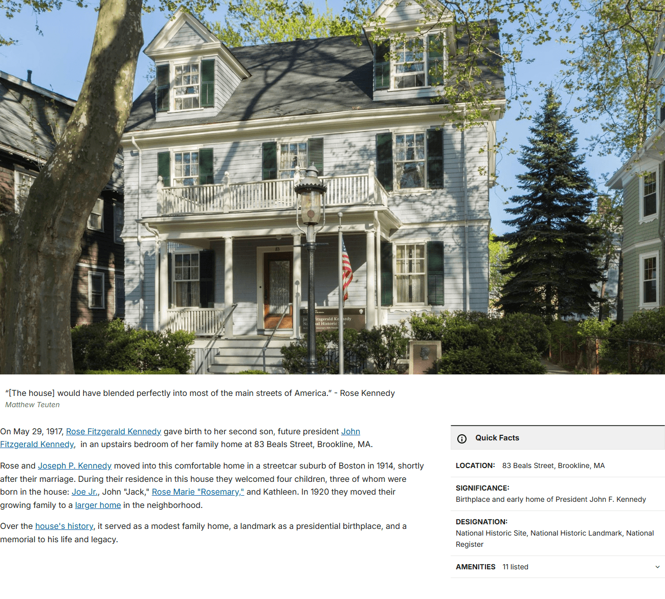 National Park Service page for the JFK Birthplace showing its address, significance, and historic designations